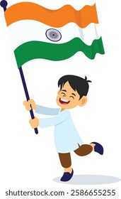 Cheerful Indian boy waving the tricolor flag with joy, symbolizing patriotism and pride. Perfect for Republic Day, Independence Day, and cultural festivals. High-quality vector illustration