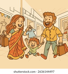 A cheerful Indian family is shopping together at a mall. The mother, dressed in a red saree with golden patterns, holds shopping bags in one hand and a small shirt in the other. The father, wearing a 