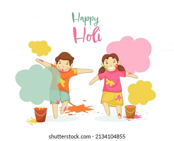 Cheerful Indian Kids Enjoying And Celebrate Festival Of Colors And Buckets On White Background.