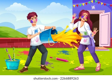 Cheerful Indian people celebrating color festival of India Holi with full of happiness. Boy hand splashing color from bucket to girl. Holi a spring summer festival. Holi party celebration concept.