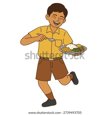Cheerful Indian school boy holding food plate enjoying healthy midday meal lunch