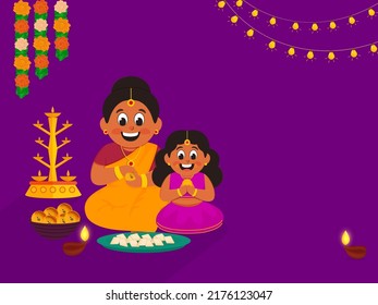 Cheerful Indian Woman With Her Daughter Eating Sweets, Lit Oil Lamp (Diya) Stand, Toran And Lighting Garland On Purple Background For Diwali Festival.