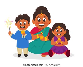 Cheerful Indian Woman And Her Kids Eating Laddu (indian Sweet) On White Background.