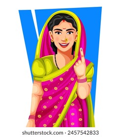 Cheerful Indian woman in saree showing finger after voting, vote for India. Indian Election Concept illustration