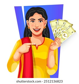 A cheerful Indian woman in suit salwar showing a group of Indian 20 rupee banknotes in her hand - concept of profit, banking, and investment paper currency