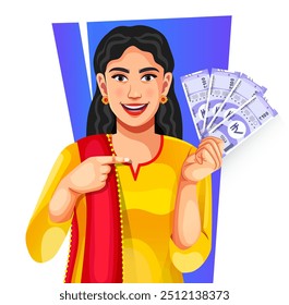A cheerful Indian woman in suit salwar showing a group of Indian 100 rupee banknotes in her hand - concept of profit, banking, and investment paper currency