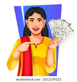 A cheerful Indian woman in suit salwar showing a group of Indian 500 rupee banknotes in her hand - concept of profit, banking, and investment paper currency