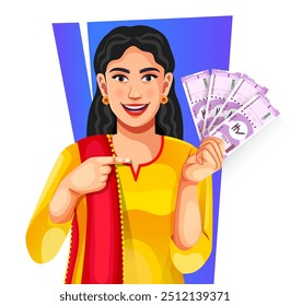 A cheerful Indian woman in suit salwar showing a group of Indian 2000 rupee banknotes in her hand - concept of profit, banking, and investment paper currency