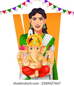 Cheerful Indian woman welcoming Lord Ganesha idol on Ganesh Chaturthi celebration. Eps 10 vector