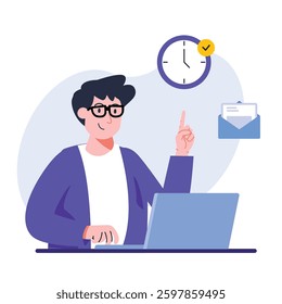 A cheerful individual gestures toward a clock while using a laptop, symbolizing productivity and time management. Perfect for themes of work and organization.