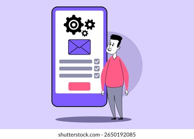 Fröhliche Einzelperson neben großem Smartphone mit mobiler Anwendungsschnittstelle mit Symbolen für Einstellungen, Benachrichtigungen und Checkliste