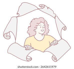 A cheerful individual surrounded by a variety of colorful scrolls, representing creativity and innovative ideas