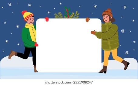 Cheerful individuals holding a blank sign during winter festivities in a snowy landscape