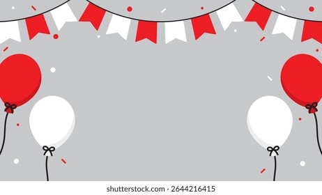 Cheerful Indonesia celebration background illustration with the Indonesia flag-colored party bunting, balloons, and confetti. Flat design illustration.