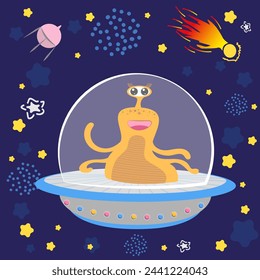 A cheerful Inoptanite flies in a flying saucer. Minimalistic child character, illustration background. Trendy pattern for wrapping paper, wallpaper, stickers, notebook cover.