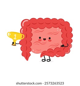 Cheerful Intestines cartoon character holding a golden trophy
