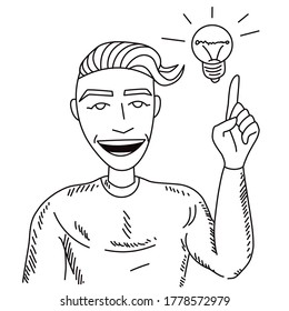Cheerful inventor. Excited guy with a raised finger. A man with an idea on a white background. Vector character in linear sketch style. For illustrations of articles and scientific journals.