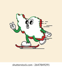 Cheerful Iran Maps character. Slide with skateboard, his hands form a peace symbol. Iran Maps Retro vintage mascot character with gloved hand and foot, rubber hose cartoon style.