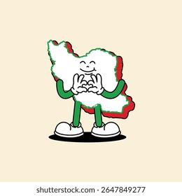 Personagem alegre do Iran Maps. Permanecer em pé formando um sinal de amor com ambas as mãos. Irã Mapas Retro vintage mascote personagem com luvas de mão e pé, mangueira de borracha estilo cartoon.