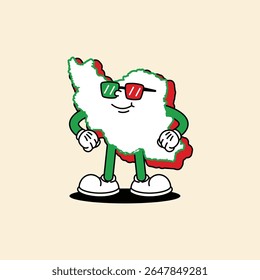 Personagem alegre do Iran Maps. De pé e estilo com óculos. Sua mão estava ao seu lado. Irã Mapas Retro vintage mascote personagem com luvas de mão e pé, mangueira de borracha estilo cartoon.