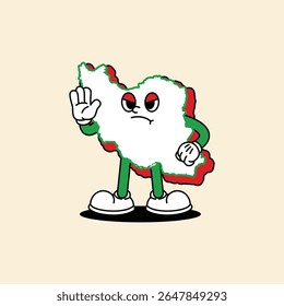 Cheerful Iran Maps character. Standing with a firm face and his hand said stop forward. Iran Maps Retro vintage mascot character with gloved hand and foot, rubber hose cartoon style.