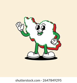 Cheerful Iran Maps character. Standing with his hands waving. Iran Maps Retro vintage mascot character with gloved hand and foot, rubber hose cartoon style.