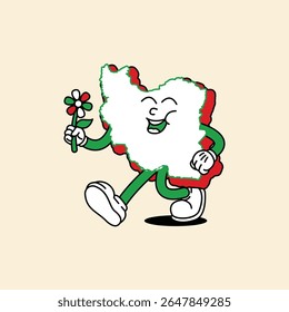 Cheerful Iran Maps character. Walk happily while holding the flower in his hand. Iran Maps Retro vintage mascot character with gloved hand and foot, rubber hose cartoon style.