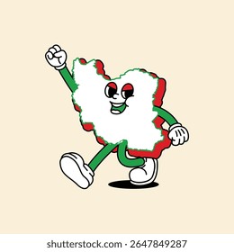 Cheerful Iran Maps character. Walk happily while his hands clenched up. Iran Maps Retro vintage mascot character with gloved hand and foot, rubber hose cartoon style.
