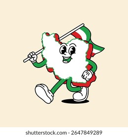 Cheerful Iran Maps character. Walk cheerfully and holds the Iranian flag. Iran Maps Retro vintage mascot character with gloved hand and foot, rubber hose cartoon style.