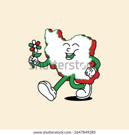 Cheerful Iran Maps character. Walk happily while holding the flower in his hand. Iran Maps Retro vintage mascot character with gloved hand and foot, rubber hose cartoon style.