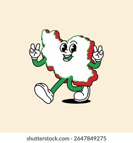 Personagem alegre do Iran Maps. Andar alegremente e ambas as mãos brandem o símbolo da Paz. Irã Mapas Retro vintage mascote personagem com luvas de mão e pé, mangueira de borracha estilo cartoon.