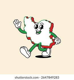 Cheerful Iran Maps character. Walking cheerfully and his hands waved Hello. Iran Maps Retro vintage mascot character with gloved hand and foot, rubber hose cartoon style.