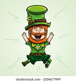 cheerful Irish goblin with a big smile, jumping with joy with open hands. vector illustration