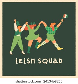 Cheerful Irish, happy people in green clothes with shamrocks and the Ireland flag joyfully dancing the Ceilidh dance. Celebrating Irish culture party, Saint Patrick's Day greeting card design