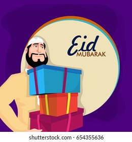 Cheerful Islamic man holding colorful gift boxes for Eid Mubarak celebration.