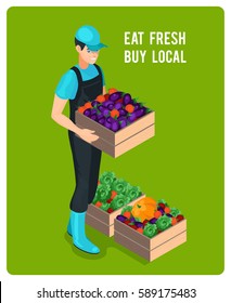 Cheerful Isometric Grocer With Organic Fresh Eco Healthy Vegetables In Wooden Boxes Isolated Vector Illustration