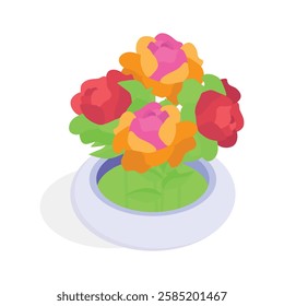 A cheerful isometric icon of a bouquet of red roses in decorative vase