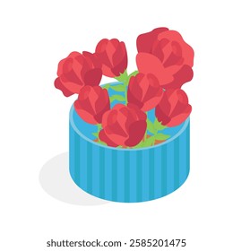 A cheerful isometric icon of a bouquet of red roses in decorative vase