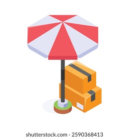A cheerful isometric icon of an umbrella sheltering a stack of cardboard boxes.