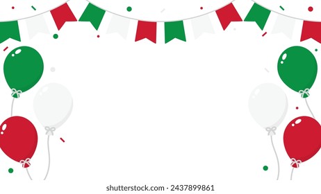 Cheerful Italy celebration background illustration with the Italy flag-colored party bunting, balloons, and confetti. Flat design illustration.