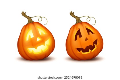 Jack-o-lanterna alegre iluminado e escuro conjunto de ícones de cores realistas. Abóboras de Halloween expressando felicidade personagens 3d no branco