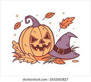 A cheerful jack-o'-lantern wearing a purple witch hat sits surrounded by crisp autumn leaves, capturing the playful charm of Halloween.
