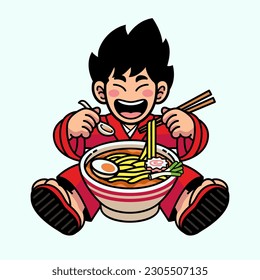 Cheerful Japanese boy eating Ramen Noodle