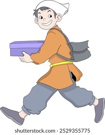 Un alegre mensajero masculino japonés vestido con atuendos tradicionales se representa caminando con una sonrisa, llevando una caja de comida púrpura y un Pequeño bolso en la espalda.