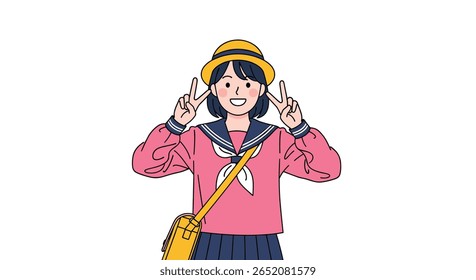 Alegre menina de escola japonesa fazendo gesto de sinal de paz usando uniforme de marinheiro e saco de chapéu amarelo