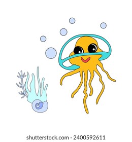 Cheerful jellyfish with bubbles and algae in the ocean. For posters, prints on clothes. 