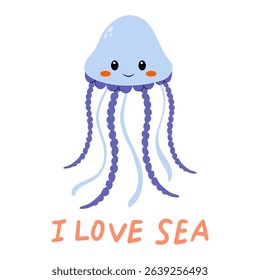 Cheerful jellyfish with smiling face swims in the ocean environment, expressing love for the sea