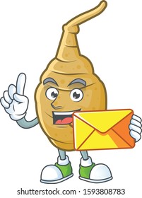 Cheerful jerusalem artichoke mascot cartoon with envelope