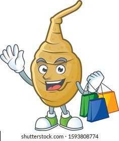 Cheerful jerusalem artichoke mascot waving and holding Shopping bags