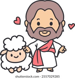 Cheerful Jesus Christ with Sheep for Sunday School. Perfect for Sunday school materials, religious educational content, or Christian-themed decorations, children book, event invitations.